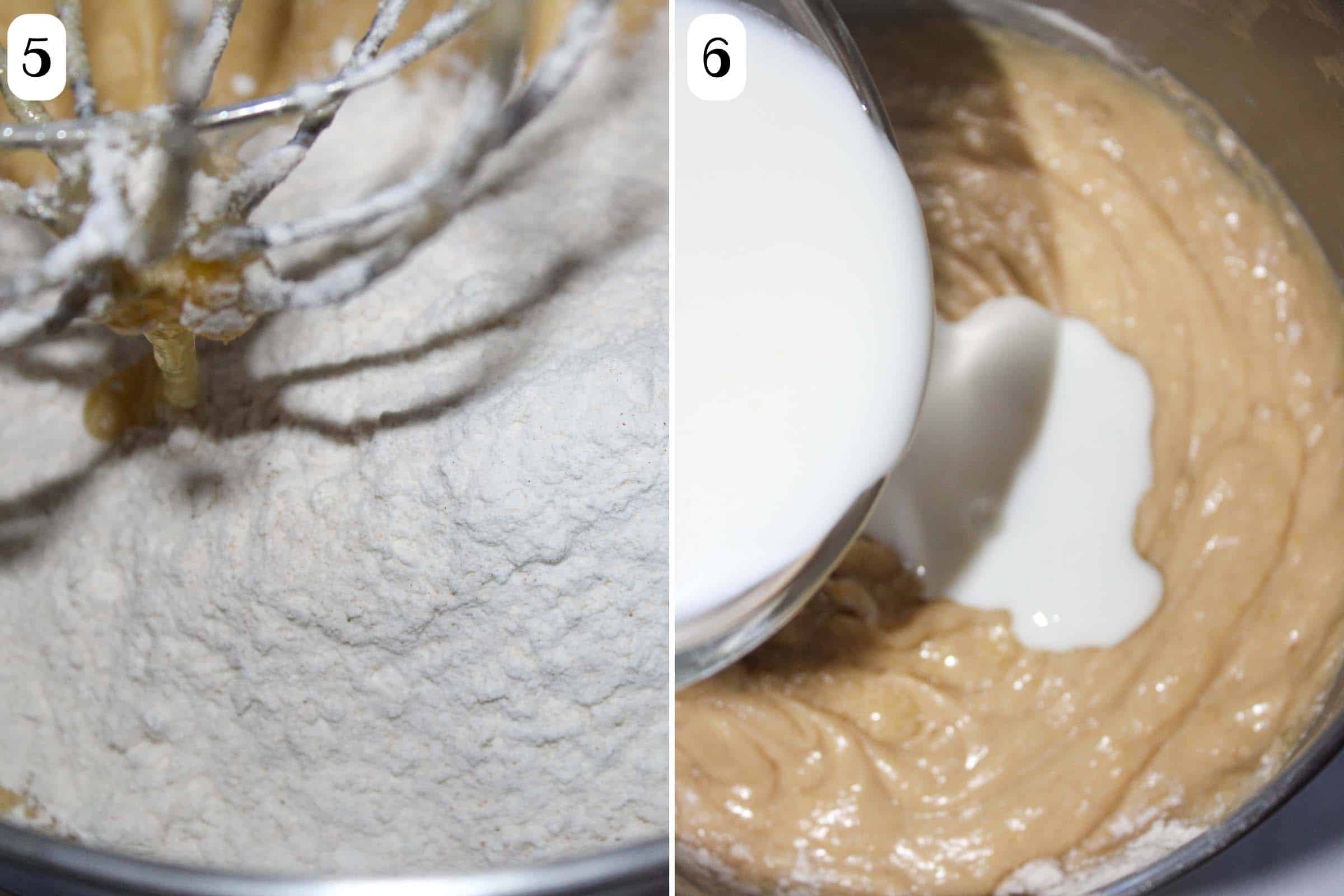 Composite image: 5- adding a flour mixture to creamed butter and sugar; 6- adding buttermilk to the butter, sugar, and flour mixture.