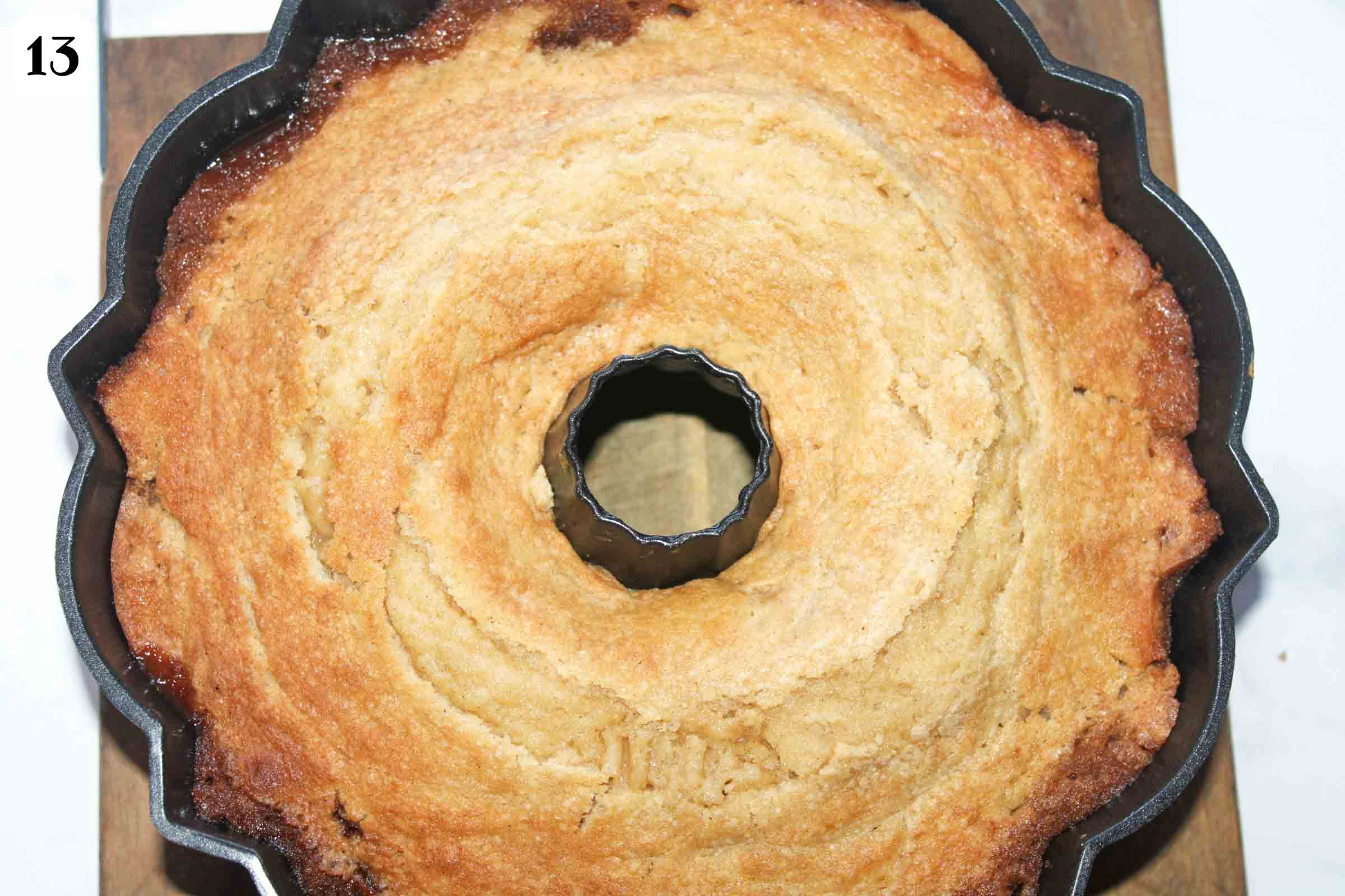 Baked apple upside down cake still in pan.