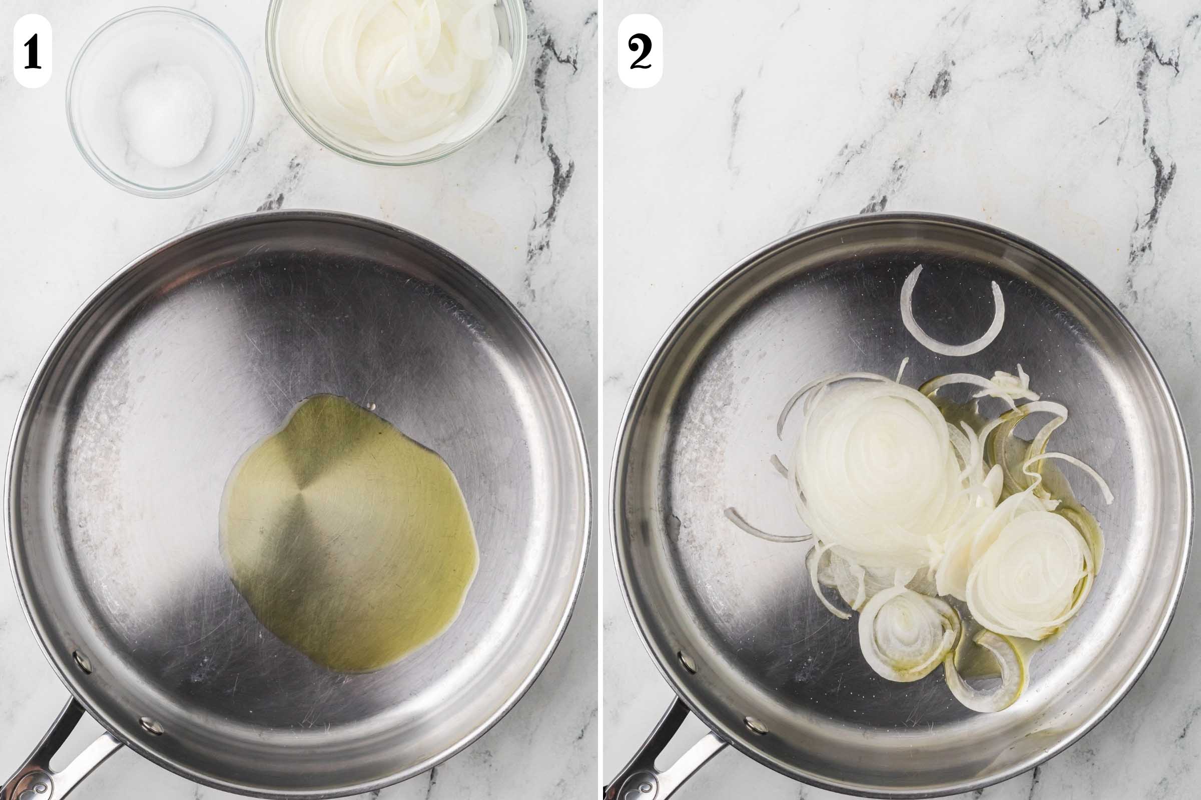 composite image: 1- skillet with cooking oil beside bowls of sliced onion and salt; 2- same skillet with oil and sliced onions inside.