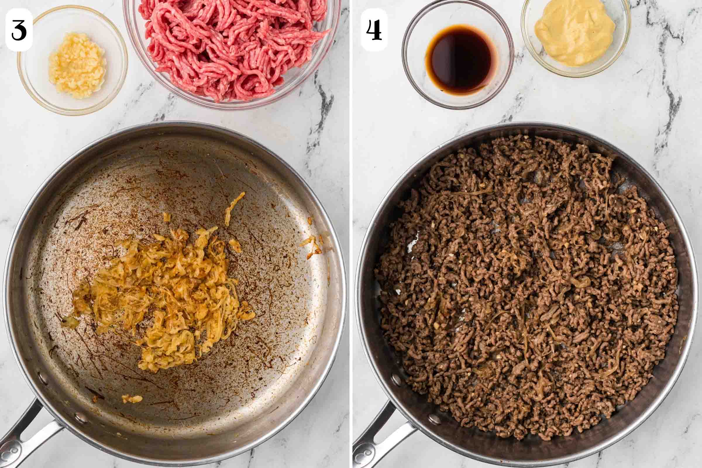 Composite image: 3- Skillet with sautéed onions that are golden brown and tender beside bowls with minced garlic and ground beef; 4 - same skillet after adding and cooking the ground beef and garlic with bowls of Worcestershire sauce and Dijon mustard beside the pan.
