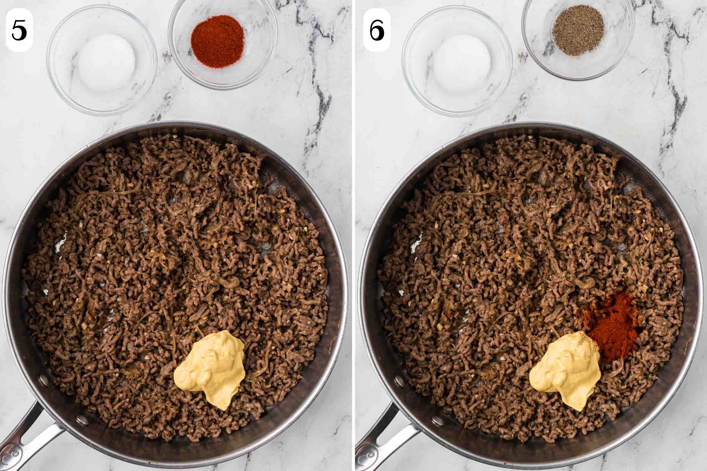 Composite image: 5 - Skillet with cooked ground beef, garlic, and onions, with dijon mustard added beside bowls of salt and smoked paprika; 6 same skillet after adding smoked paprika beside bowls of salt and pepper.