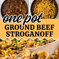 Composite image showing stages of preparing recipe in a skillet and photo of the finished dish with text One Pot Ground Beef Stroganoff.