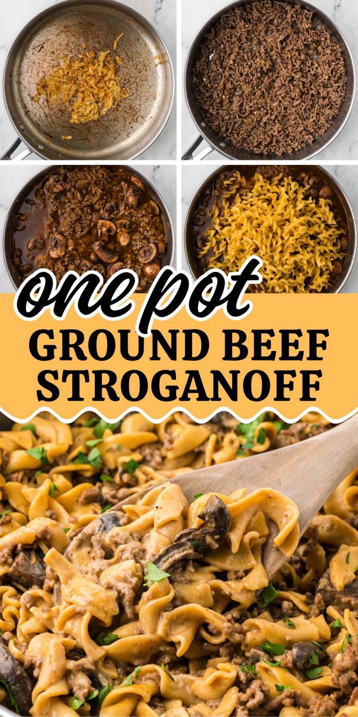 Composite image showing stages of preparing recipe in a skillet and photo of the finished dish with text One Pot Ground Beef Stroganoff.