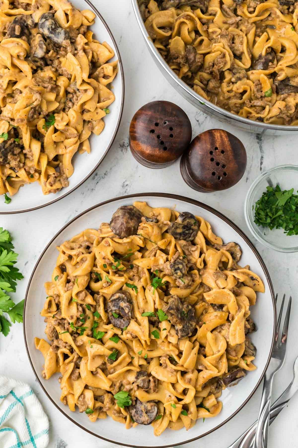 Two plates of ground beef Stroganoff with mushrooms beside a pot of the same.