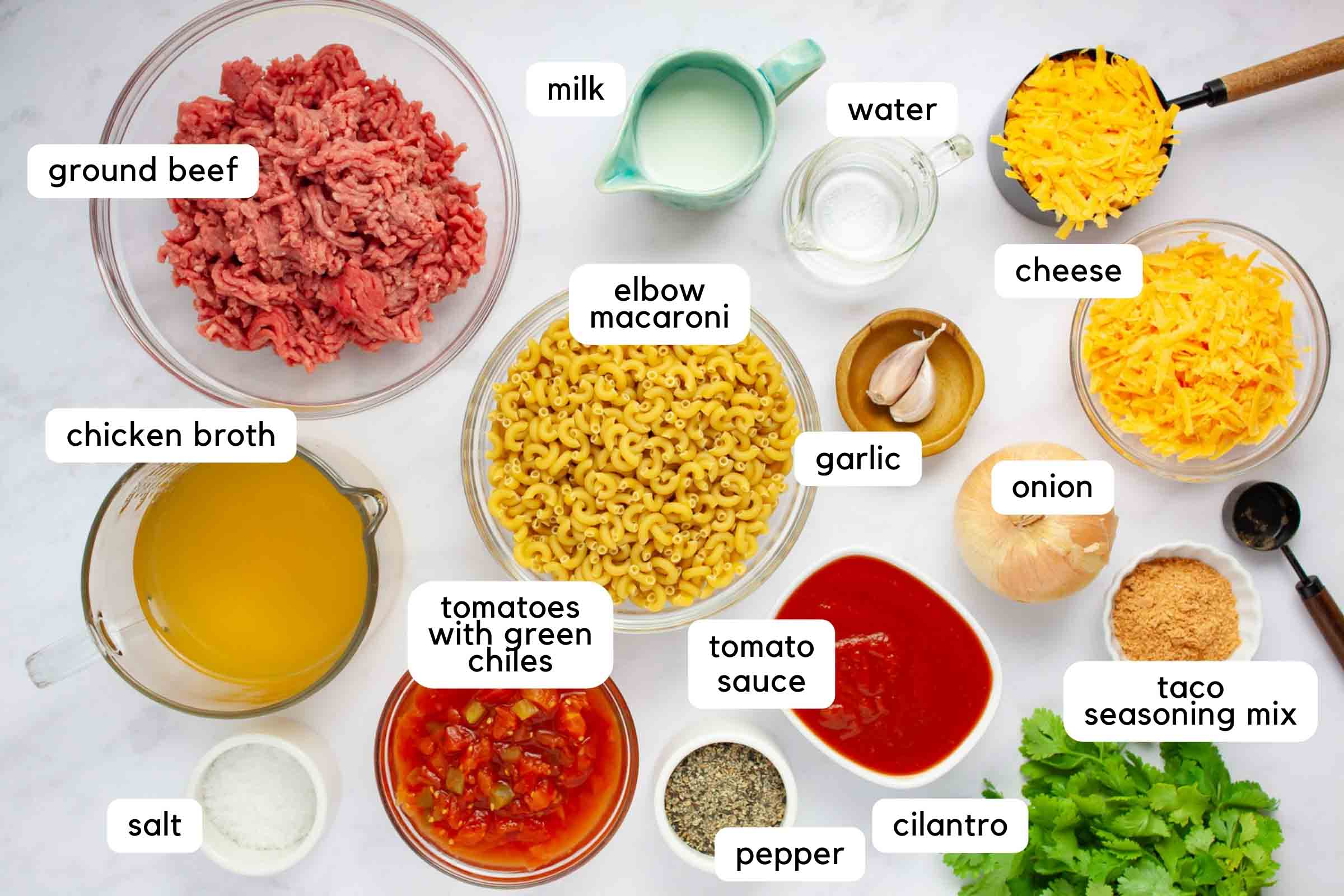 Labeled ingredients: ground beef, elbow macaroni, tomatoes with green chiles, tomato sauce, chicken broth, onion, garlic, taco seasoning mix, salt, pepper, shredded cheddar cheese, water, milk, and cilantro.
