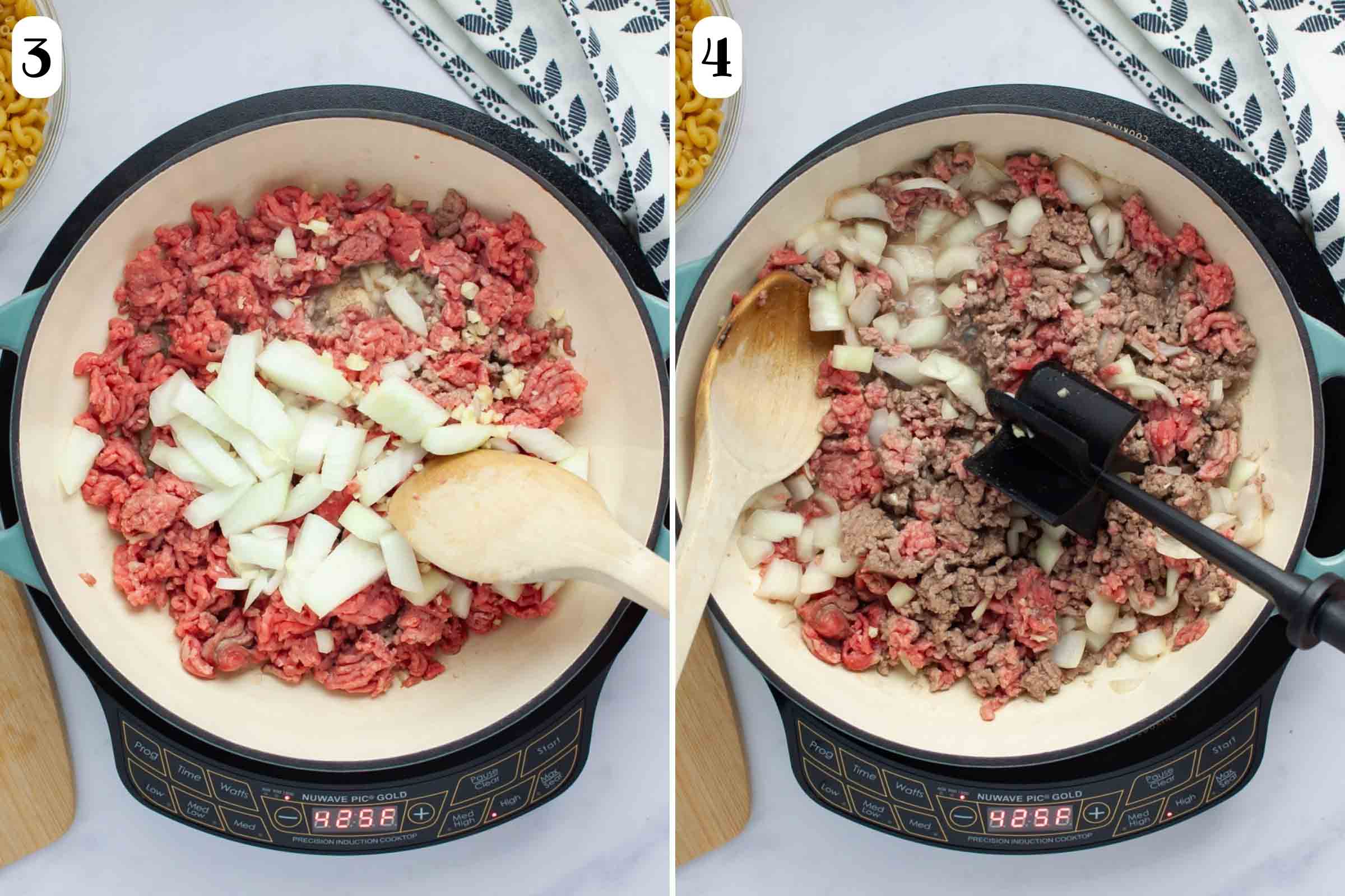 Composite image with two stages of onions and garlic cooking in ground beef in a skillet.