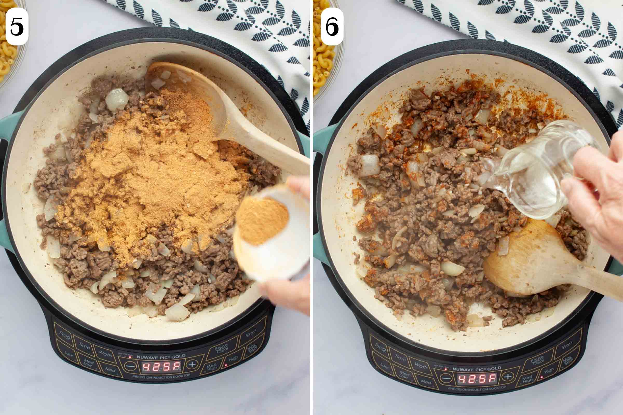 Composite image with taco seasoning being added to cooked ground beef mixture in skillet and water being added to the same.