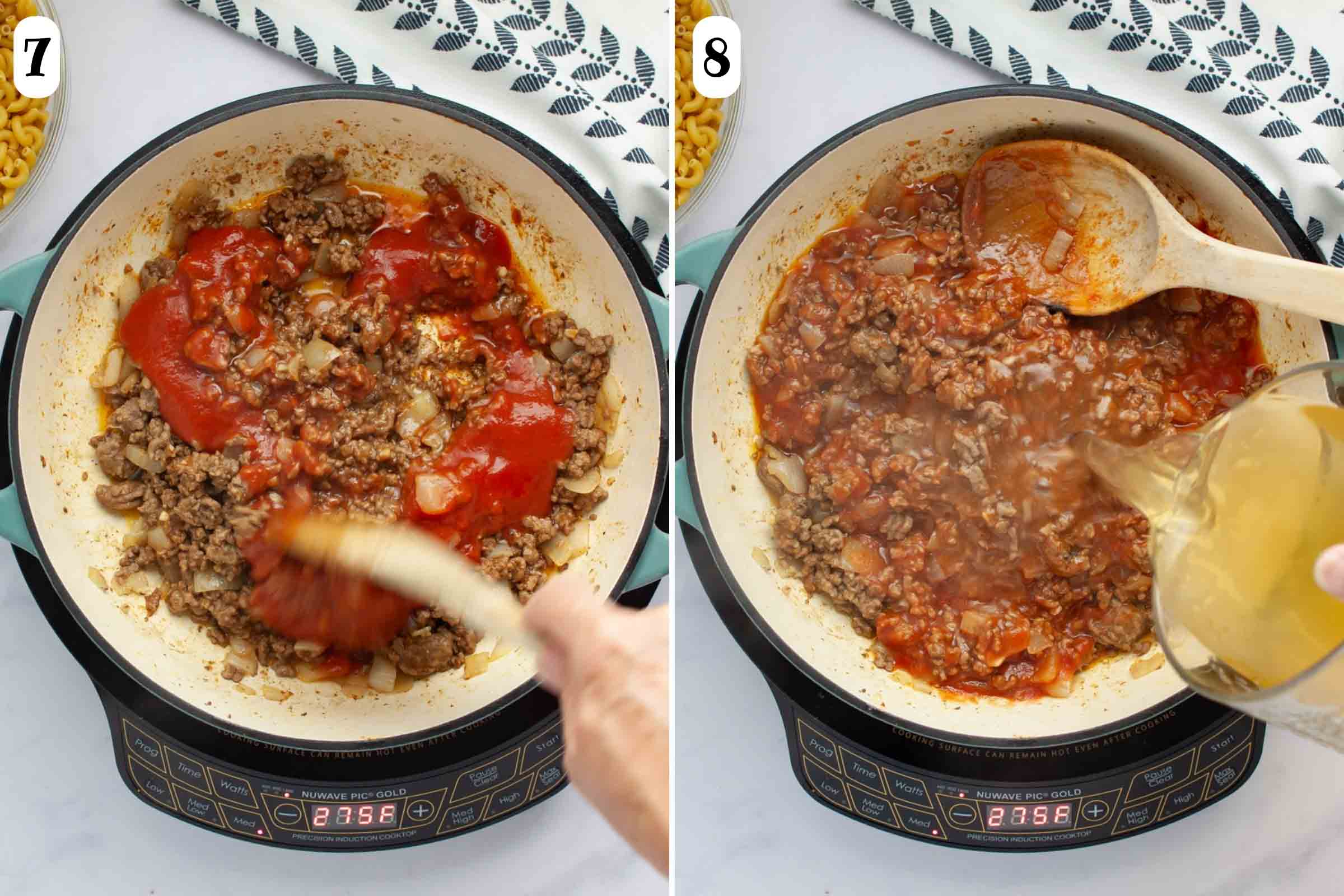 Composite image with tomato sauce and chicken broth being added to skillet of ground beef mixture.