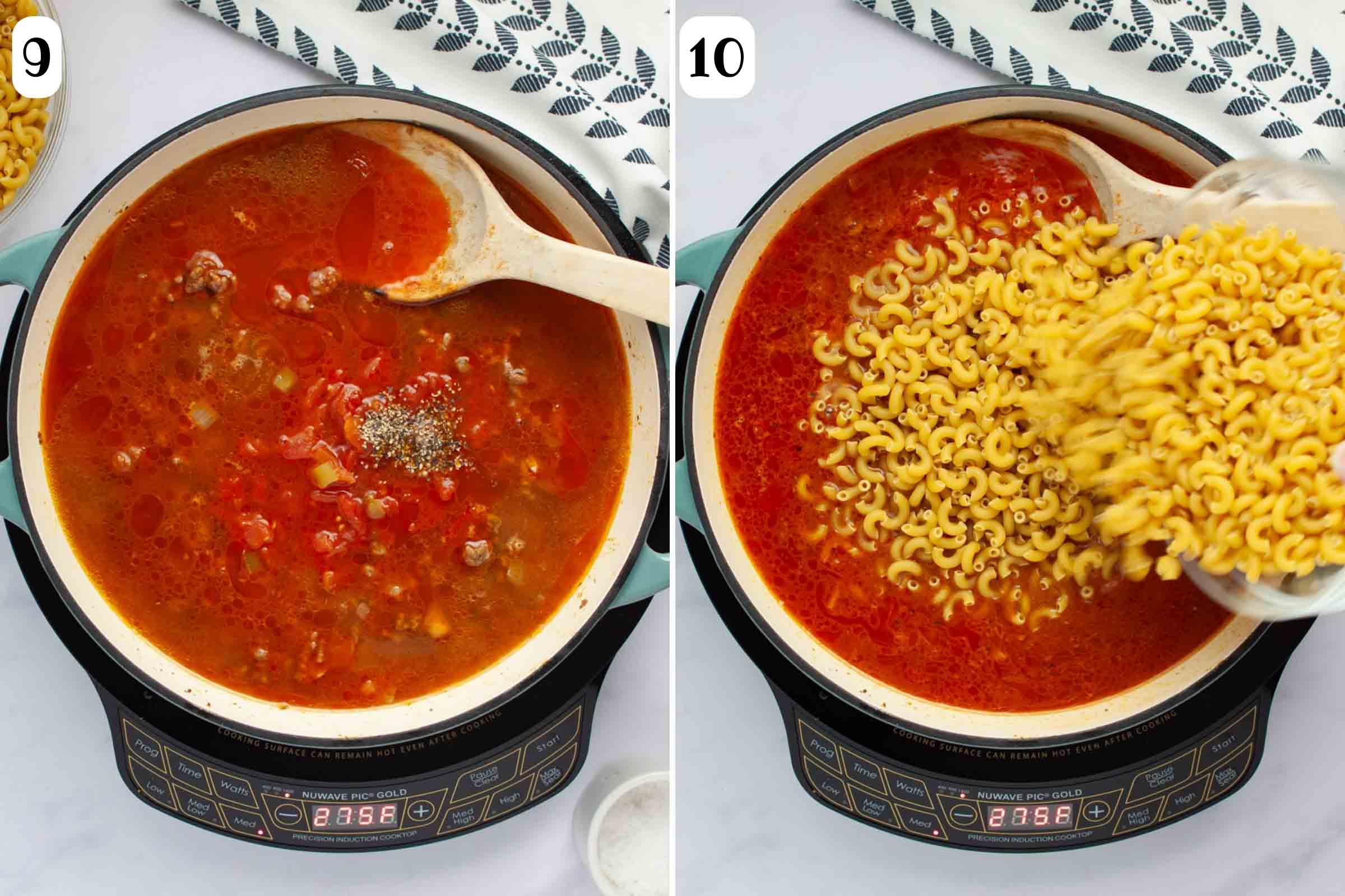 Composite image with pepper added to skillet and elbow macaroni added to skillet.