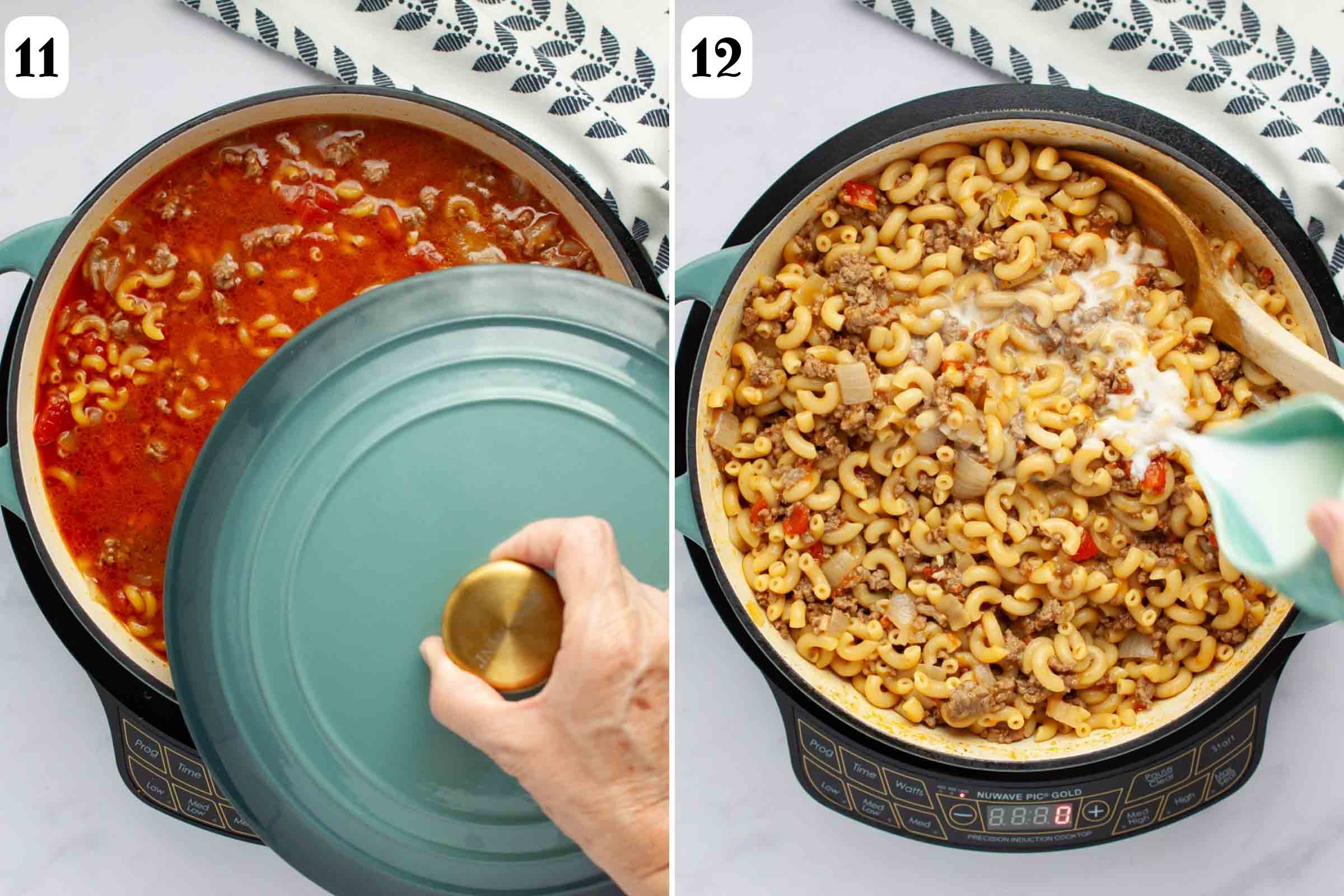 Composite image showing covering skillet with lid then adding milk to skillet after macaroni is cooked.