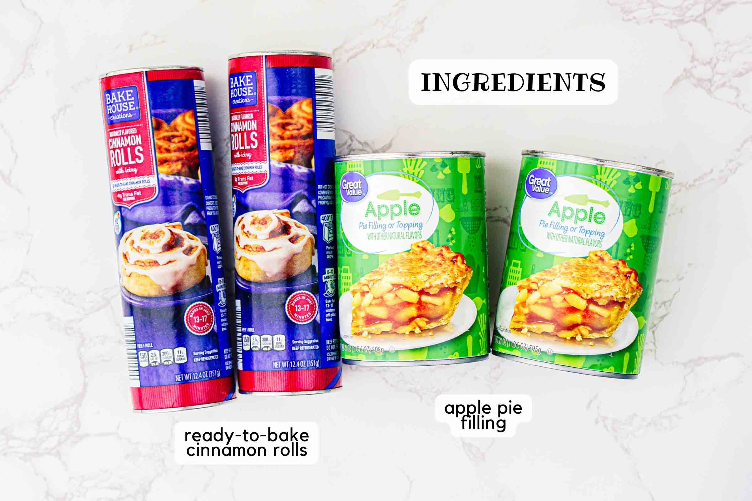 Ingredients: 2 canisters of ready-to-bake cinnamon rolls and 2 cans of apple pie filling.