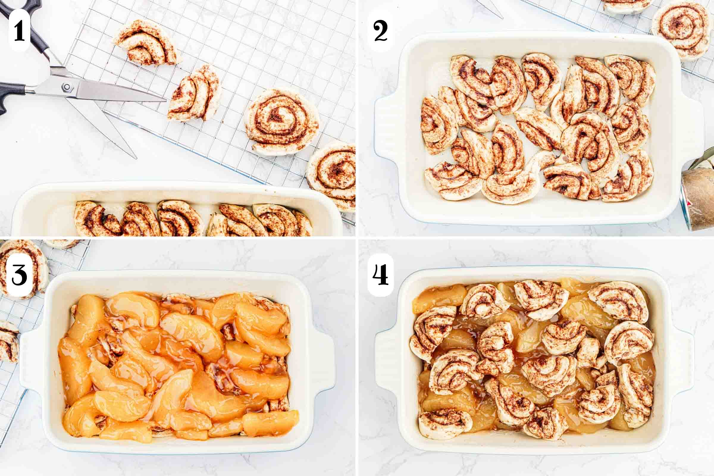 Composite image: 1- cutting ready-to-bake cinnamon rolls in half; 2- cinnamon roll halves in a baking pan; 3- pan after adding apple pie filling; 4- pan after adding more cinnamon roll halves.
