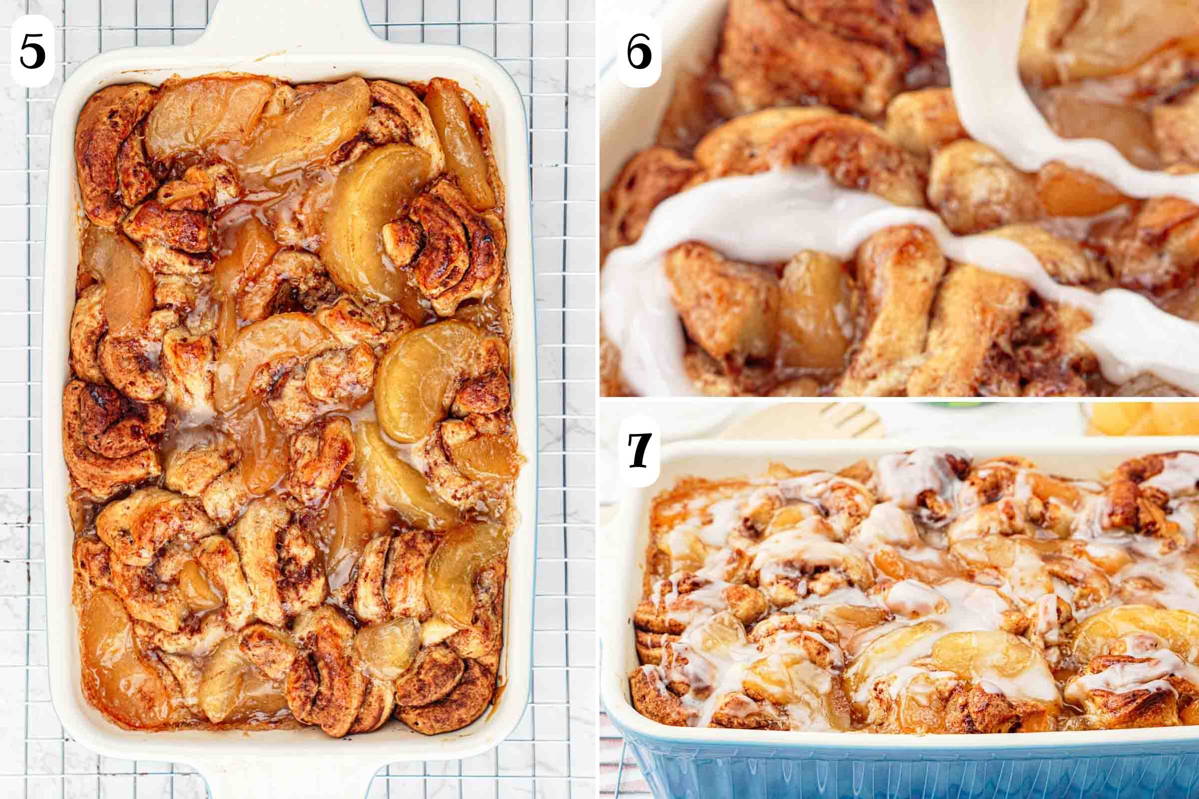 Composite image: 5- Apple cinnamon roll bake in pan; 6- adding white glaze to the top; 7- after glaze is added.