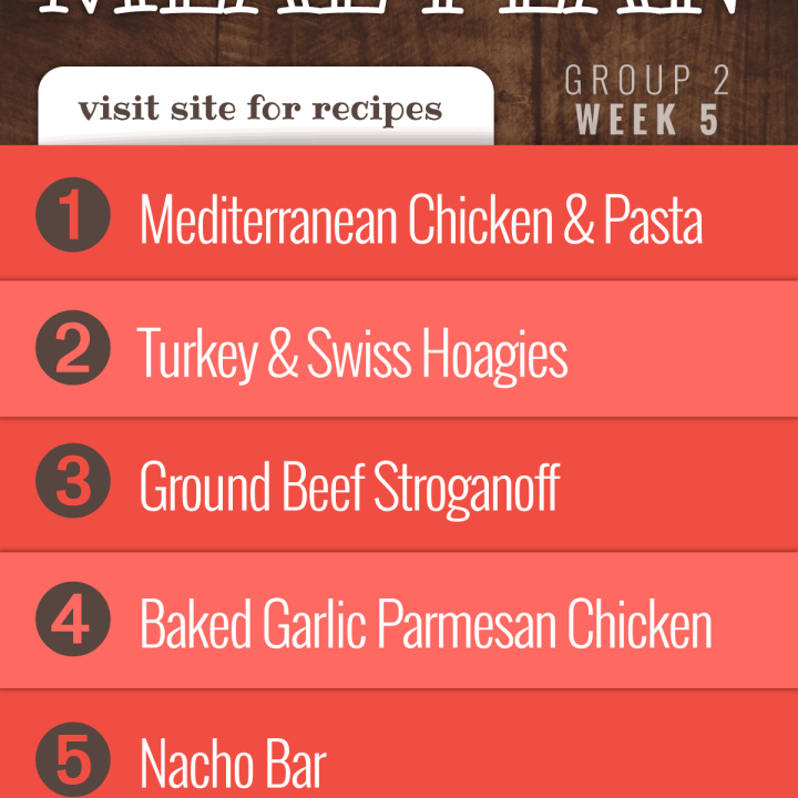 Meal Plan for Week 5 (Group 2): Mediterranean Chicken with Pasta, Turkey & Swiss Hoagies, Ground Beef Stroganoff with Egg Noodles, Baked Garlic Parmesan Chicken, Nacho Bar.
