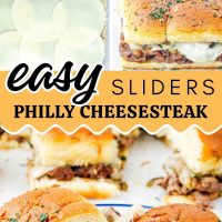 Composite image with prep photos for easy cheesesteak sliders.