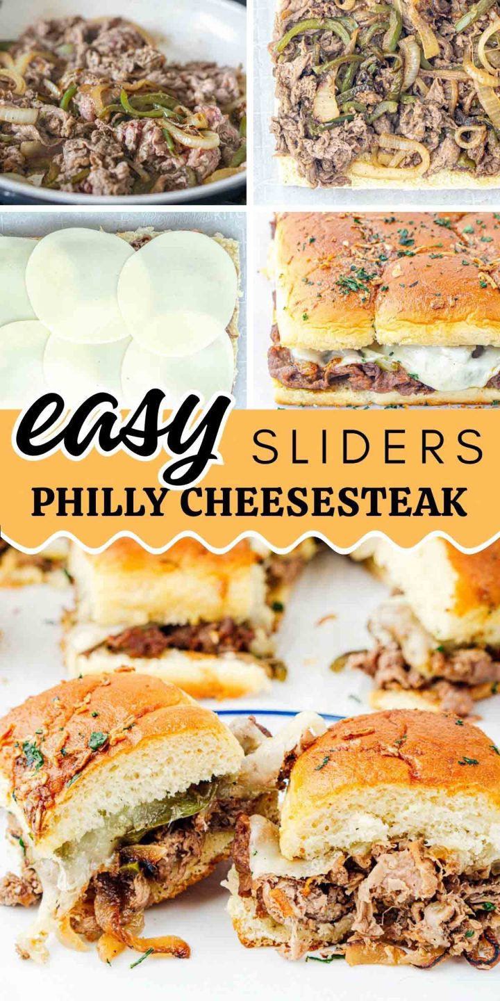 Composite image with prep photos for easy cheesesteak sliders.