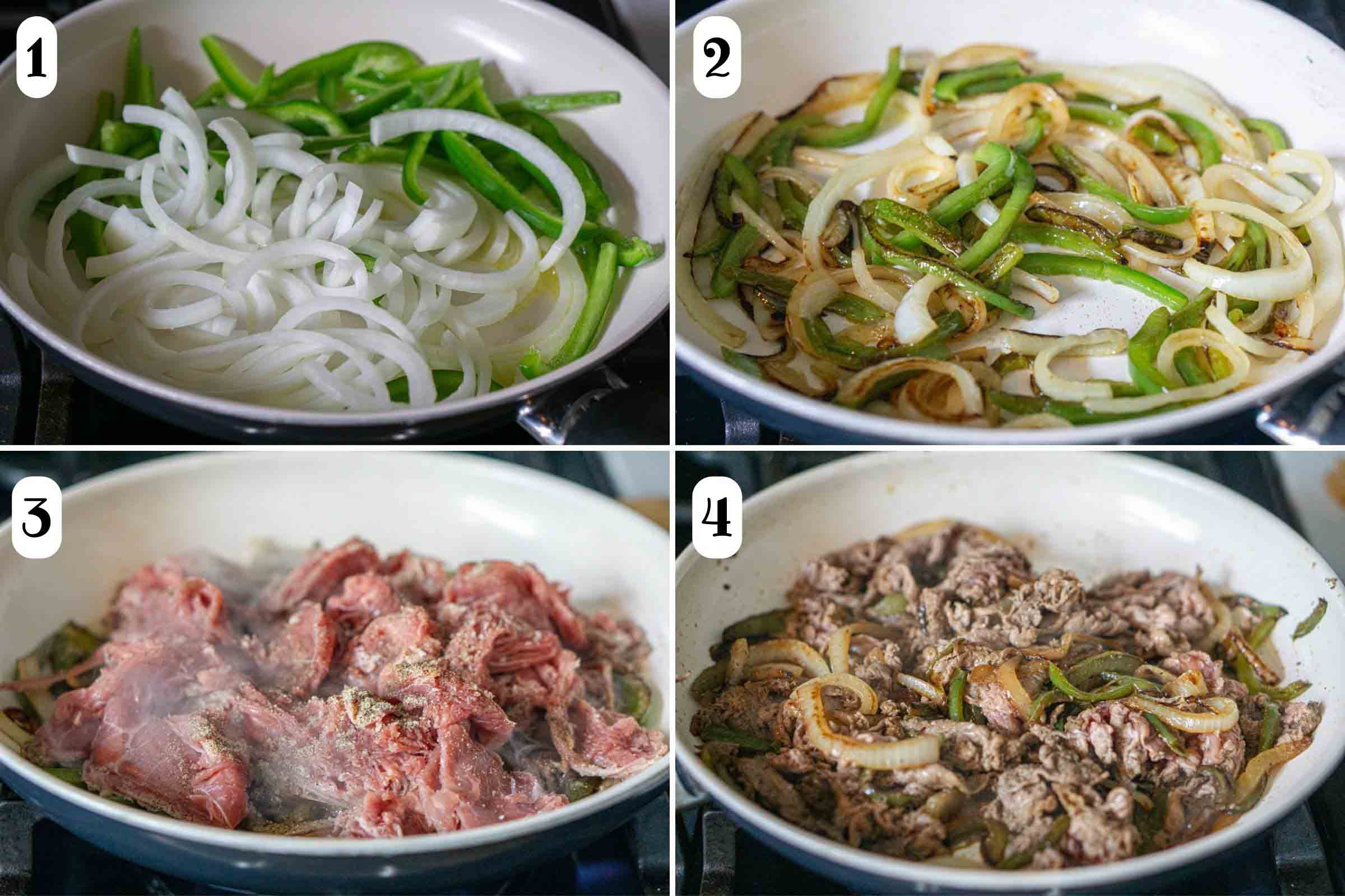 Composite image: 1-sliced onion and green bell pepper in a pan with melted butter; 2- same after sautéing until starting to brown; 3 same after adding shaved beef steak; 4- same after beef is cooked through.