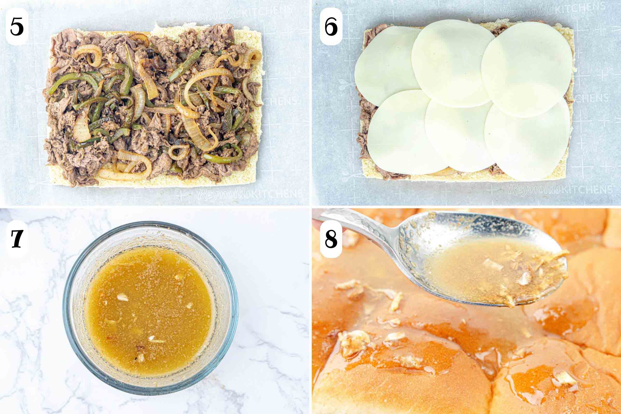 Composite image: 5- cooked beef, onions, and peppers on top of Hawaiian rolls cut open crosswise; 6- same after adding provolone cheese slices; 7- bowl with melted butter and onion soup mix; 8- spooning butter mixture on top of tops of rolls.