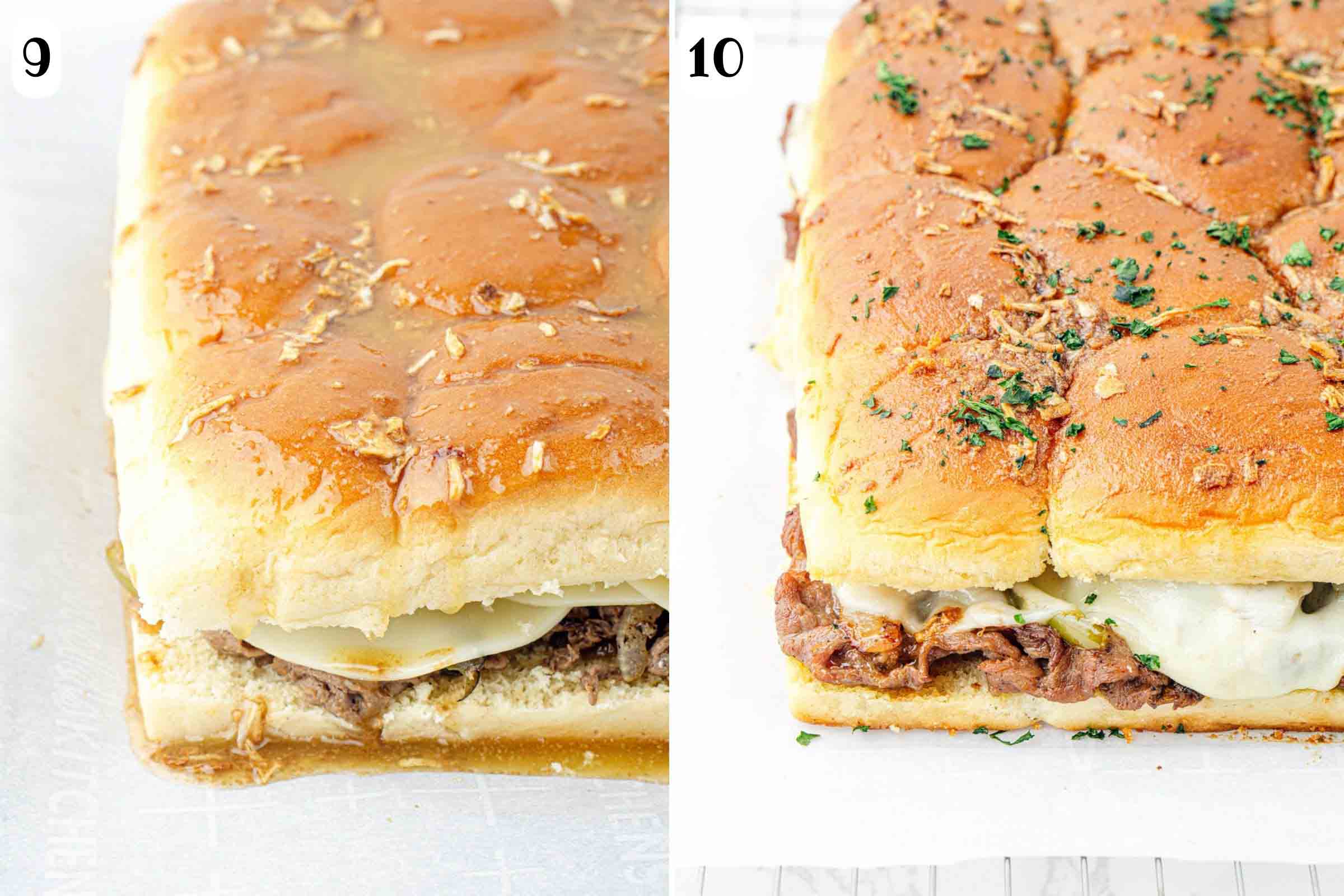 Composite image: 9- Philly cheesesteak sliders topped with butter and onion soup mixture before baking; 10- same after baking and garnishing with fresh parsley.