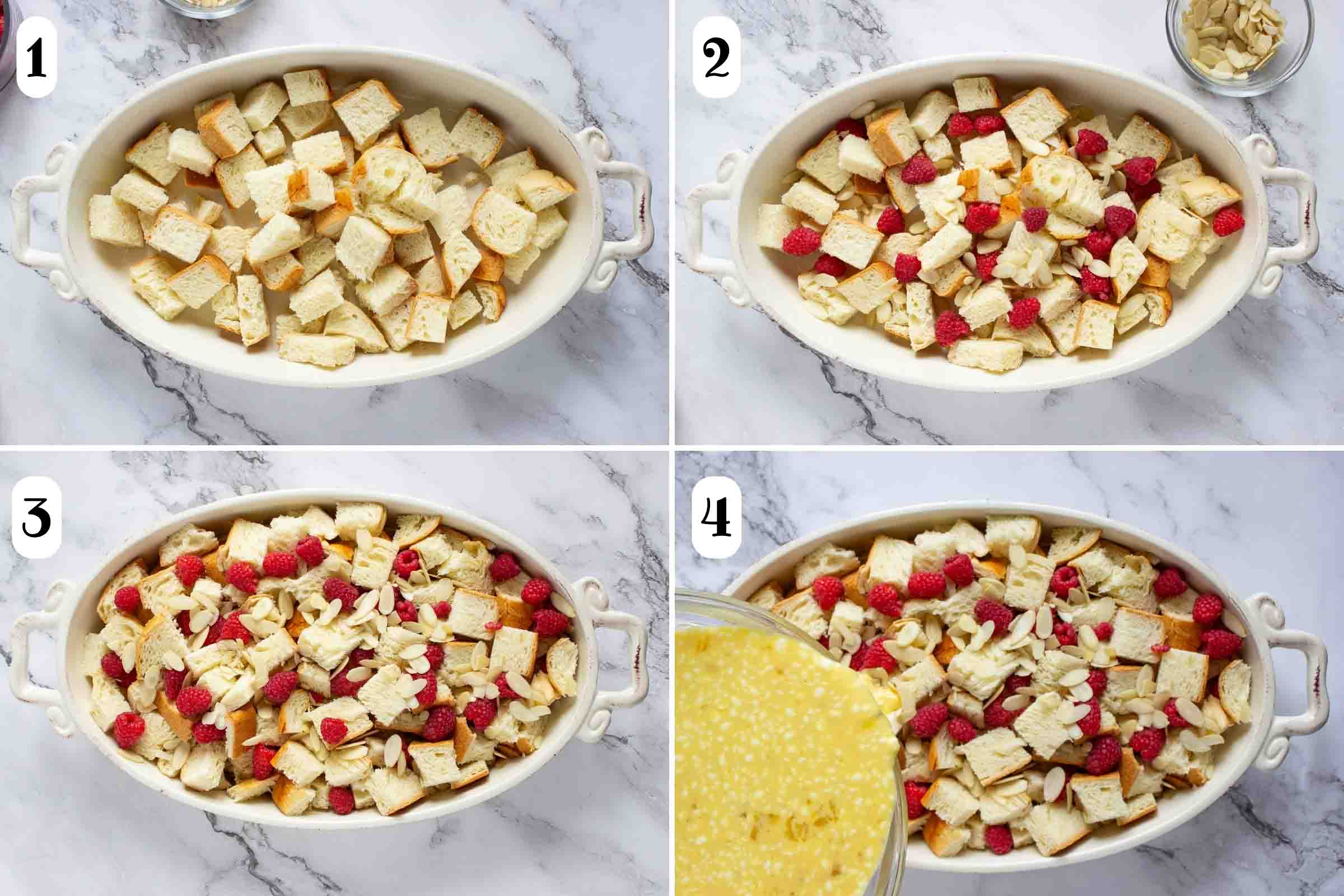 Composite image: 1- a layer of cubes of brioche bread in a casserole dish; 2- raspberries and almonds added to the bread cubes; 3- another layer of bread cubes, raspberries and almonds added; 4- egg mixture being poured over the bread cubes, berries, and almonds.