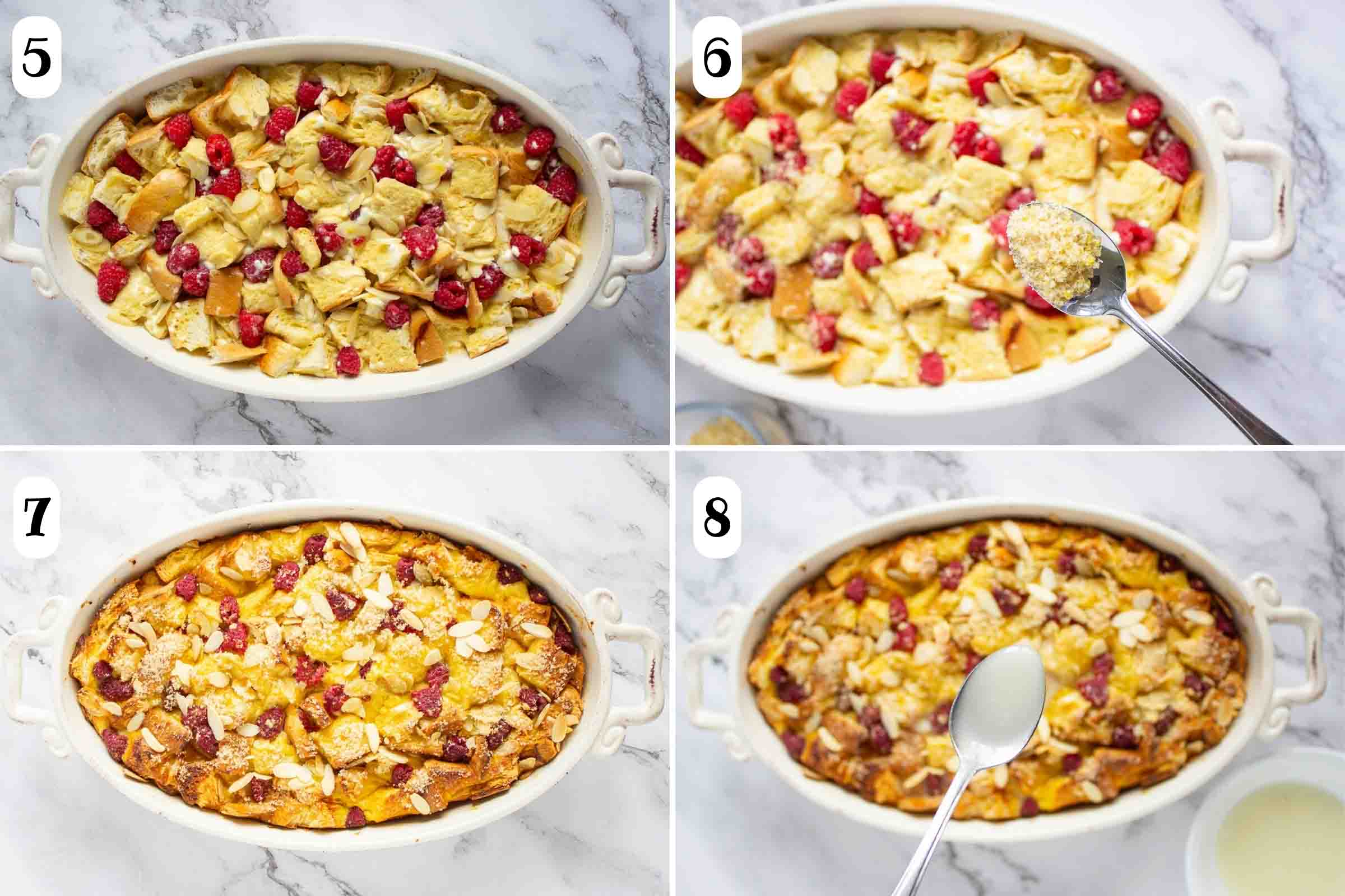 Composite image: 5- casserole dish with bread cubes, berries, and almonds after soaking in egg mixture overnight; 6- spoon with a mixture of sugar and lemon zest being sprinkled over casserole dish contents; 7- casserole after baking; 8- spoon with lemon glaze being drizzled over French toast casserole.