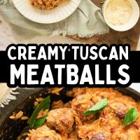 Pin for creamy Tuscan meatballs with images of meatballs cooked with orzo in a creamy sun-dried tomato sauce and garnished with fresh basil.