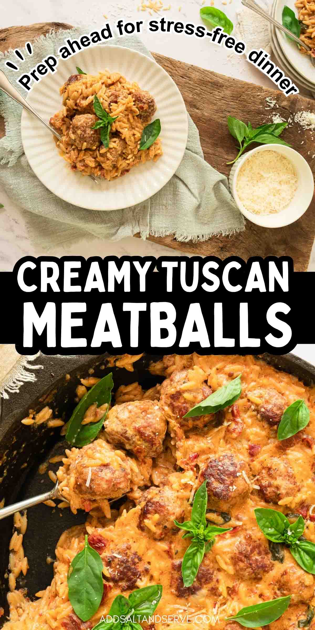 Pin for creamy Tuscan meatballs with images of meatballs cooked with orzo in a creamy sun-dried tomato sauce and garnished with fresh basil.