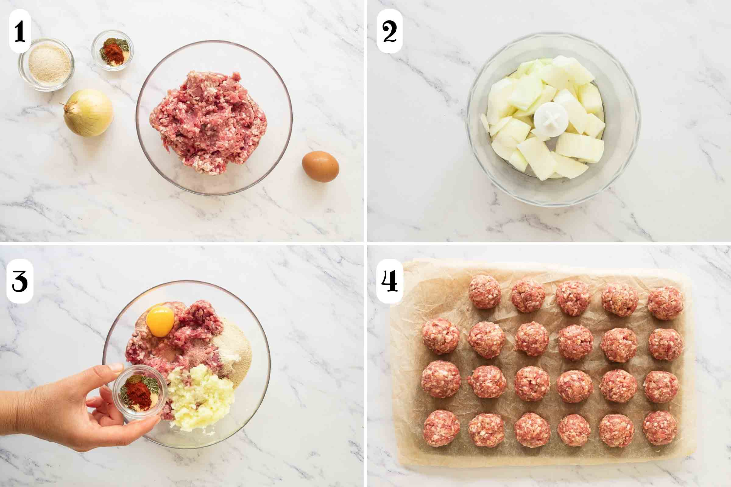 Composite image: 1- an onion, bread crumbs, herbs and spices, an egg, and ground meat before mixing; 2- chopped pieces of onion in a food processor; 3- the same ingredients in a bowl; 4- a pan showing 23 formed uncooked meatballs made with the mixture.