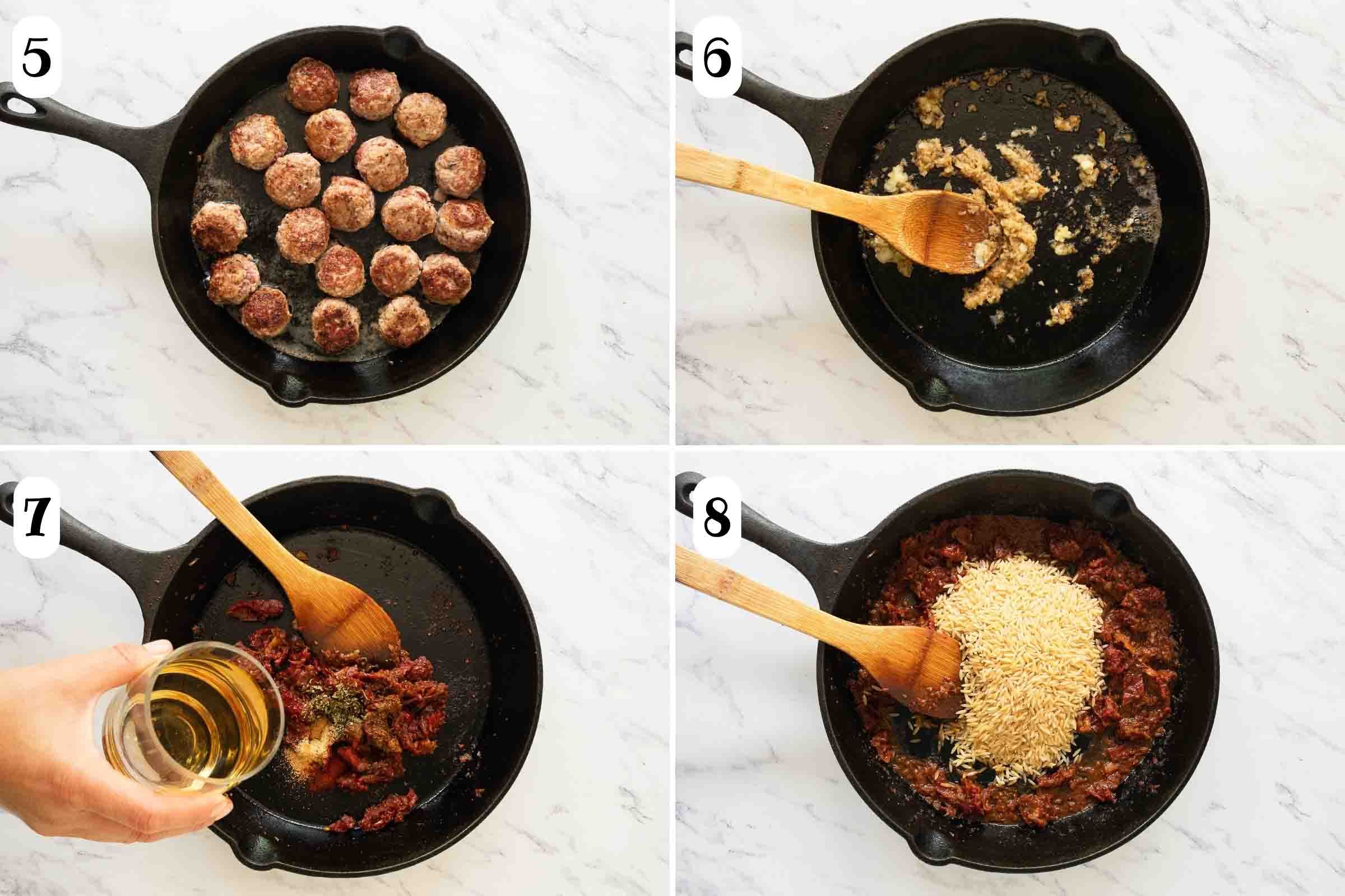 Composite image: 5- meatballs cooking in a cast iron skillet; 6- same skillet with meatballs removed and onions after processing in a food processor sautéing in the skillet; 7- same skillet with sun-dried tomatoes , herbs, and spices added and white wine being poured in; 8- same skillet after adding orzo pasta.