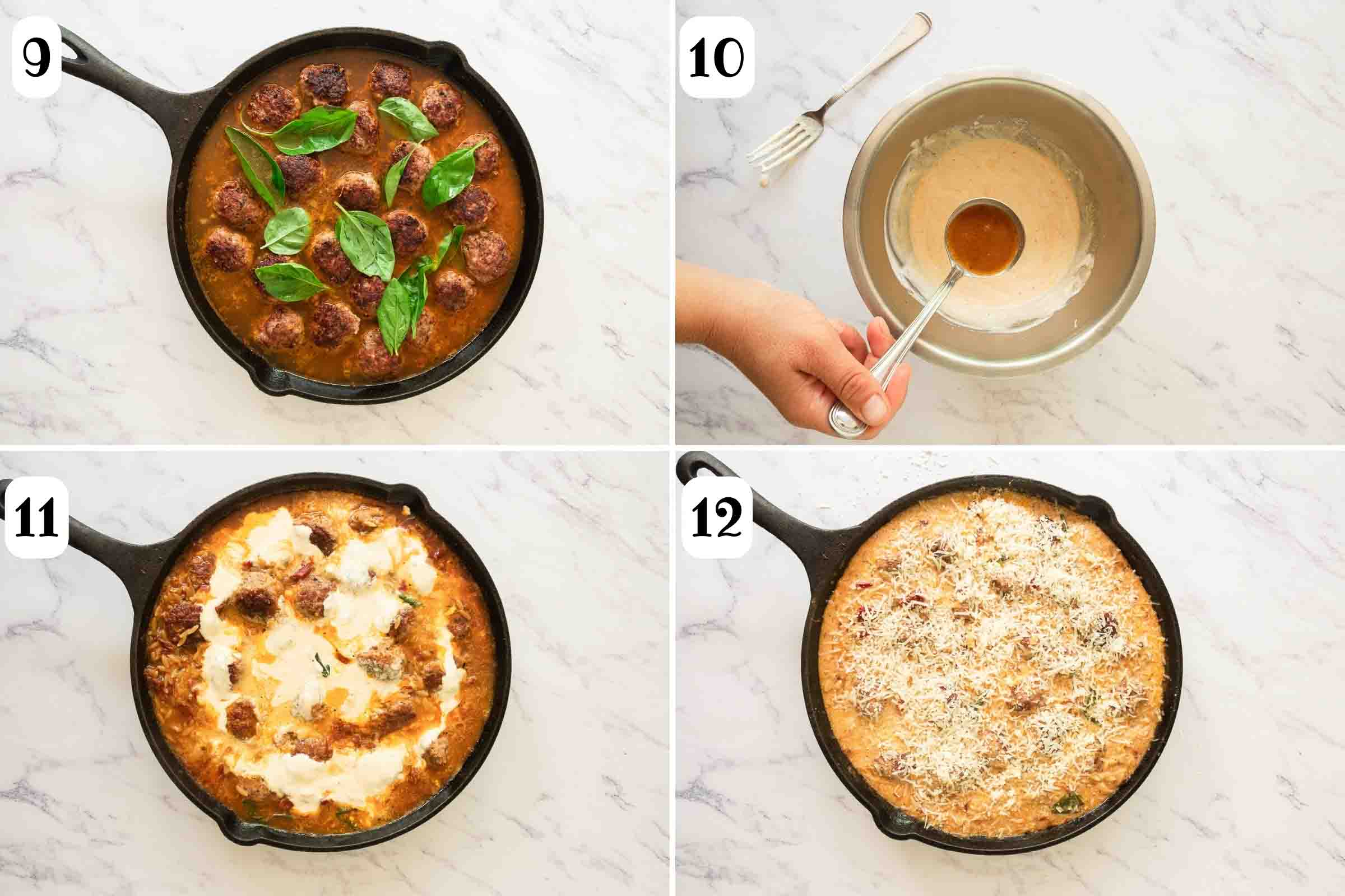 Composite image: 9- skillet with meatballs in previously sautéed ingredients with additional liquid and fresh basil added; 10- tempering the sour cream with liquid from the skillet; 11- the tempered sour cream added to the skillet; 12- Parmesan cheese added to the skillet.