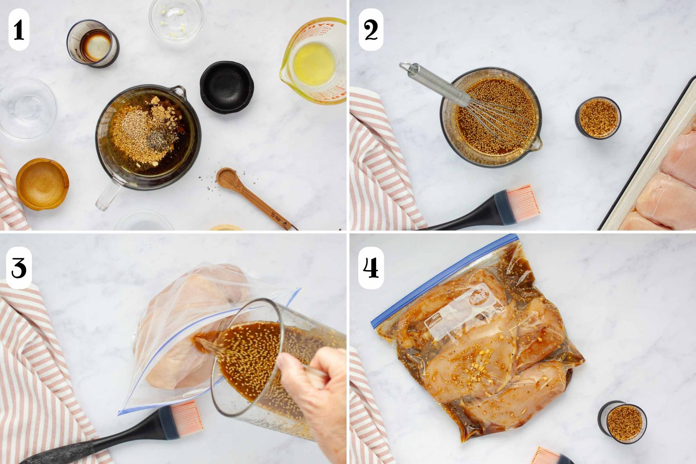 Composite image: 1- ingredients for marinade combined in a measuring cup; 2 - marinade after stirring with a portion separated out; 3- pouring the larger container of marinade over chicken breasts in a freezer bag; 4- the freezer bag sealed with the marinating chicken inside.