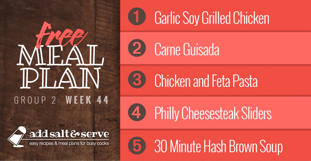 List of recipes in free meal plan for Week 44 (Group 2).